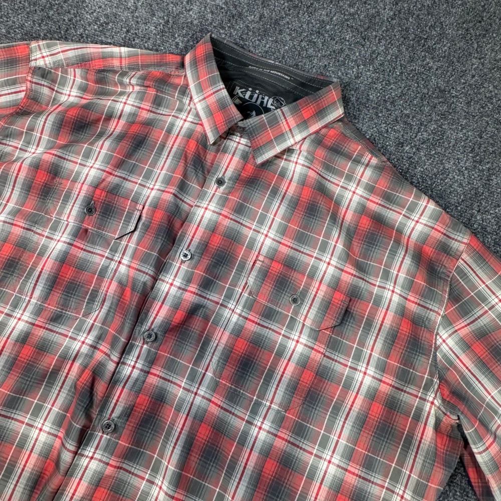 Kuhl Eluxur Mens XXL Short Sleeve Button Down Plaid Shirt Red Grey Outdoor